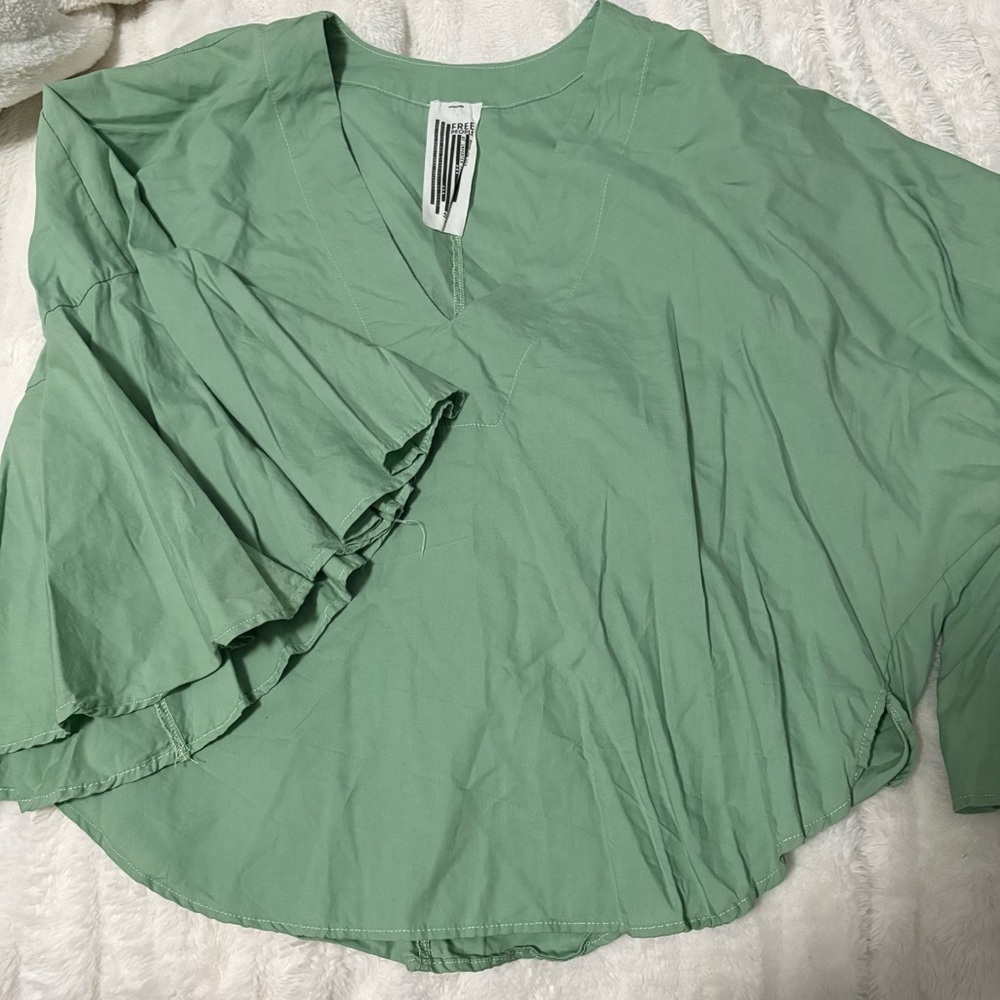 Free People Green V Neck Dolman Sleeve High Low Hem Blouse Top‎ Size S